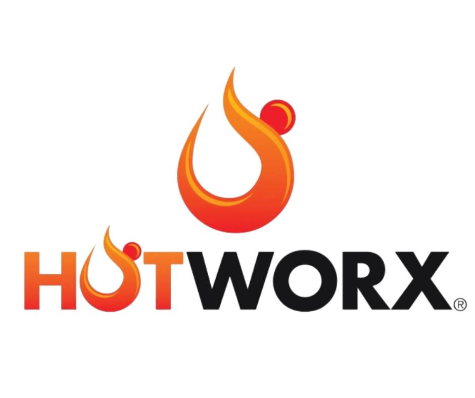 Hotworx logo with orange-red flame above the wordmark on a white background
